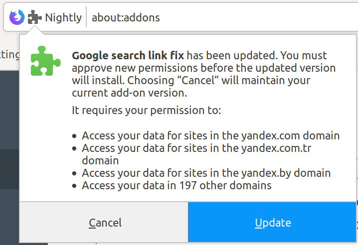 Permissions prompt on update in Firefox