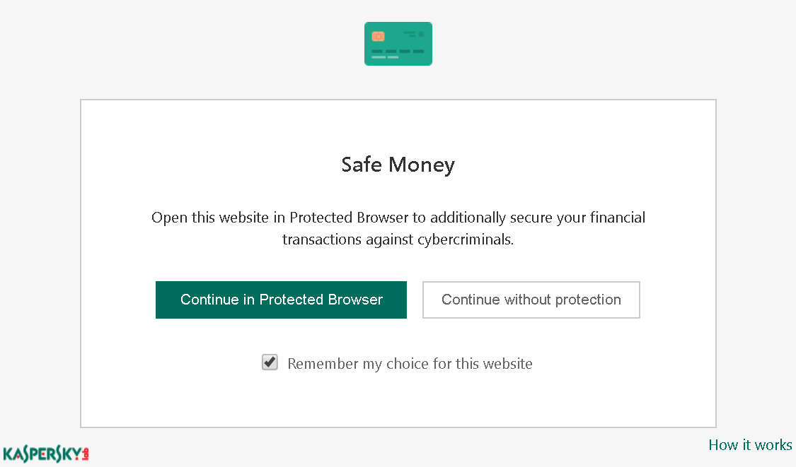 Safe Money prompt asking the user whether to open the site in a protected browser