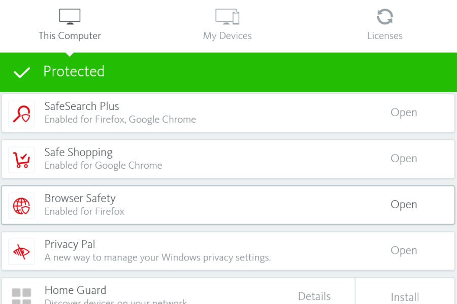 Avira user interface offering Browser Safety extension as protection feature