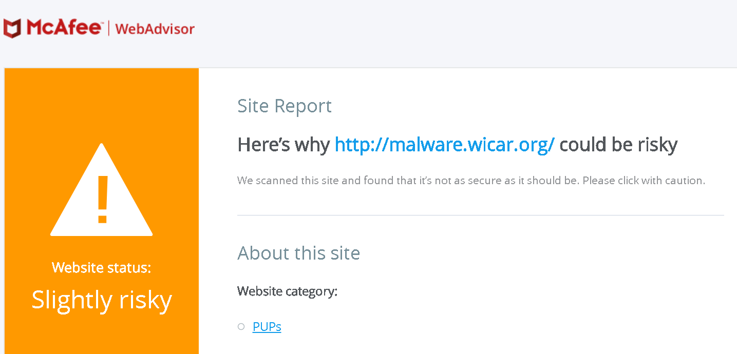 McAfee WebAdvisor site report for malware.wicar.org