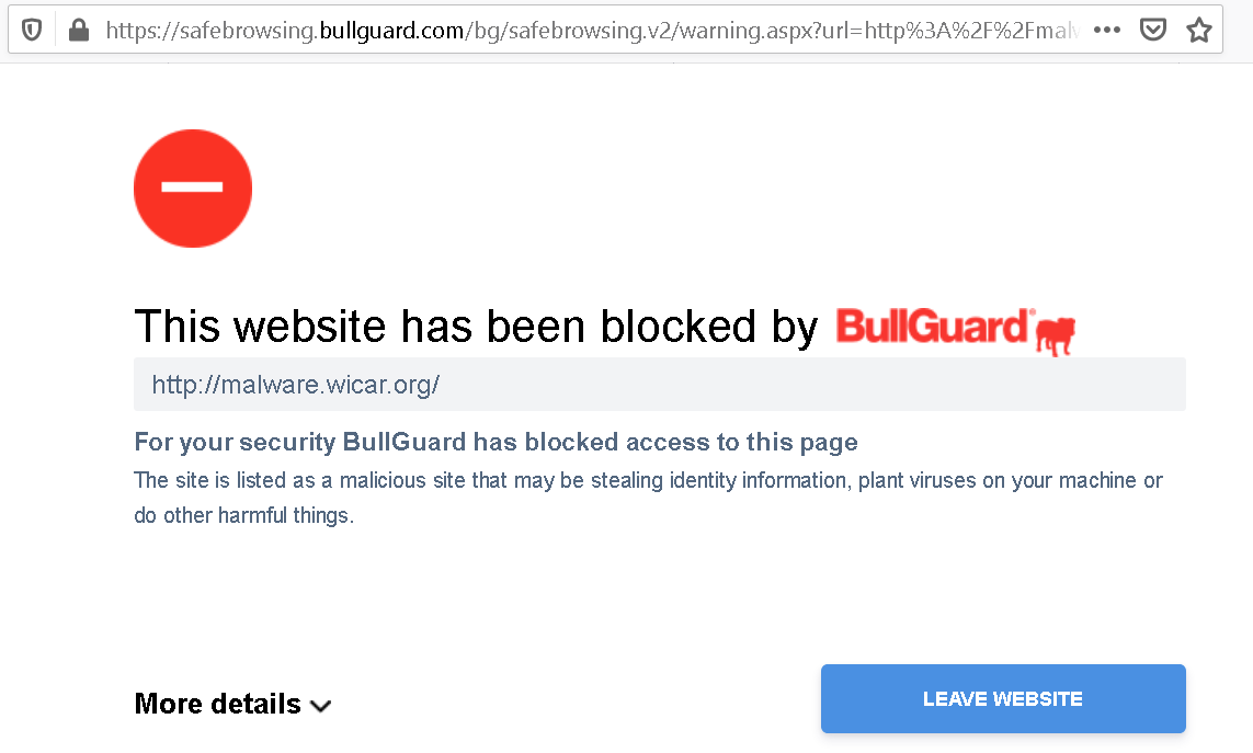 Warning page originating at safebrowsing.bullguard.com indicating that malware.wicar.org is blocked
