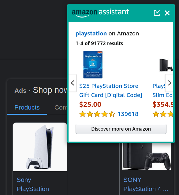 Amazon Assistant pop-up suggesting Amazon products when searching on Google