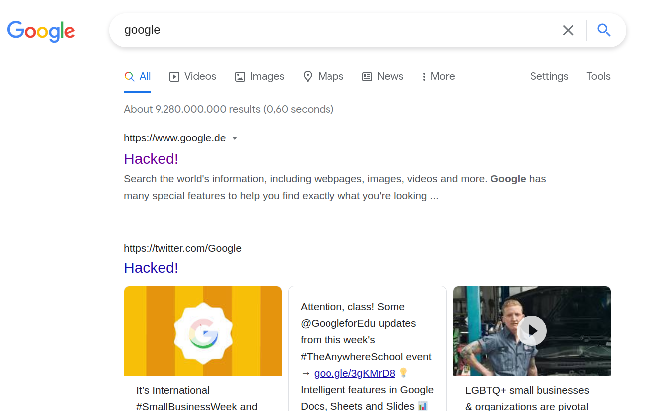 Google search result page for the search 'google' with the titles of all search results replaced by 'Hacked!'