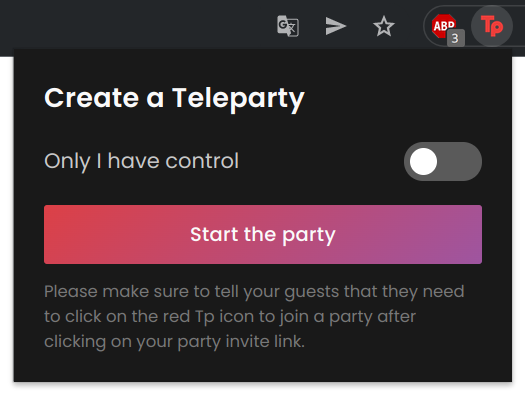 Extension bubble opening on icon click, featuring a prominent 'Start the party' button.