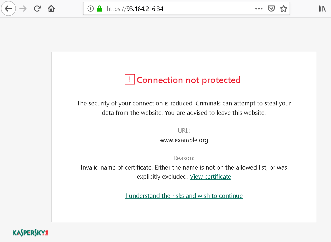 A Kaspersky error page titled “Connection not protected.” The location bar shows “https://93.184.216.34”.