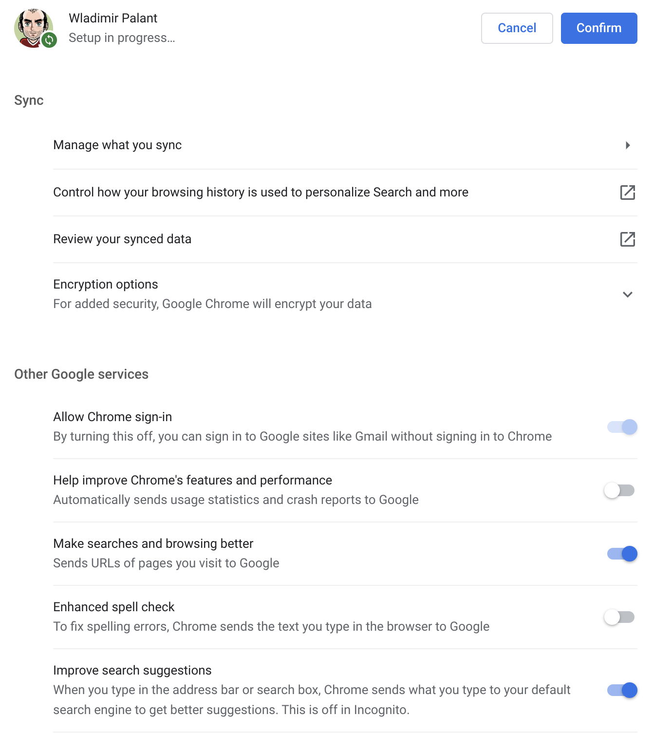A message saying “Setup in progress” along with buttons “Cancel” and “Confirm.” Below it Chrome settings, featuring “Sync” and “Other services” sections.